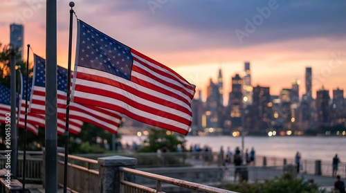 American flags waving with new york city skyline at sunset