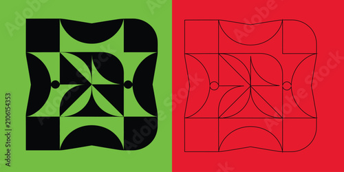 Abstract geometric pattern with curved shapes and circles on green and red backgrounds with linear outline version