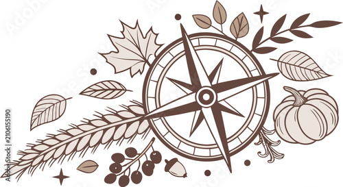 Vintage compass with autumn leaves and harvest crops drawing
