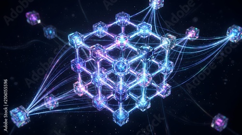 Futuristic Neon Cube Network in Space