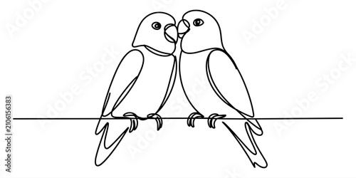 Obraz na plátně Two cute lovebirds sitting together on a branch in a simple continuous line art