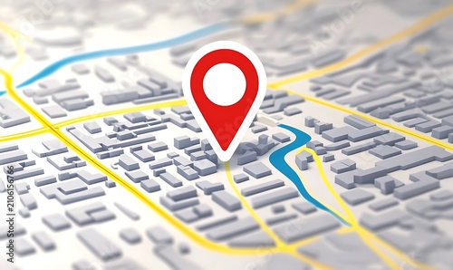 Map with red location pin symbolizing navigation and destination.
