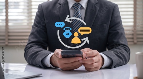 Feedback loop between AI chatbot and human user, through business professional using smartphone to automation, communication, and virtual interaction for customer  ai