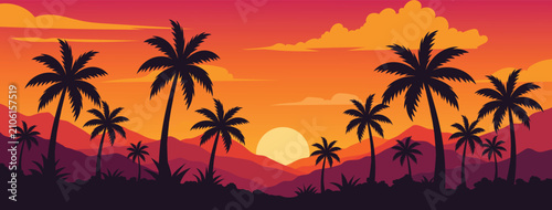 Vibrant Tropical Sunset Flat Vector Landscape Banner With Palm Tree Silhouettes And Layered Mountains