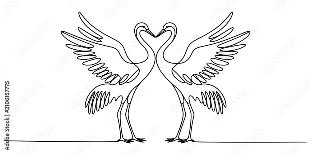 Obraz premium Continuous single line drawing of two elegant cranes in love forming a heart shape with their necks and wings spread out in a minimalist artistic style