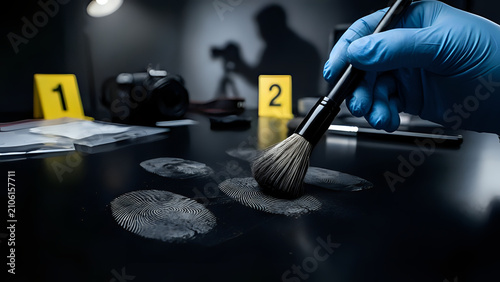 Csi crime scene investigator gathering fingerprint evidence with brush and powder fingerprint investigation evidence forensic