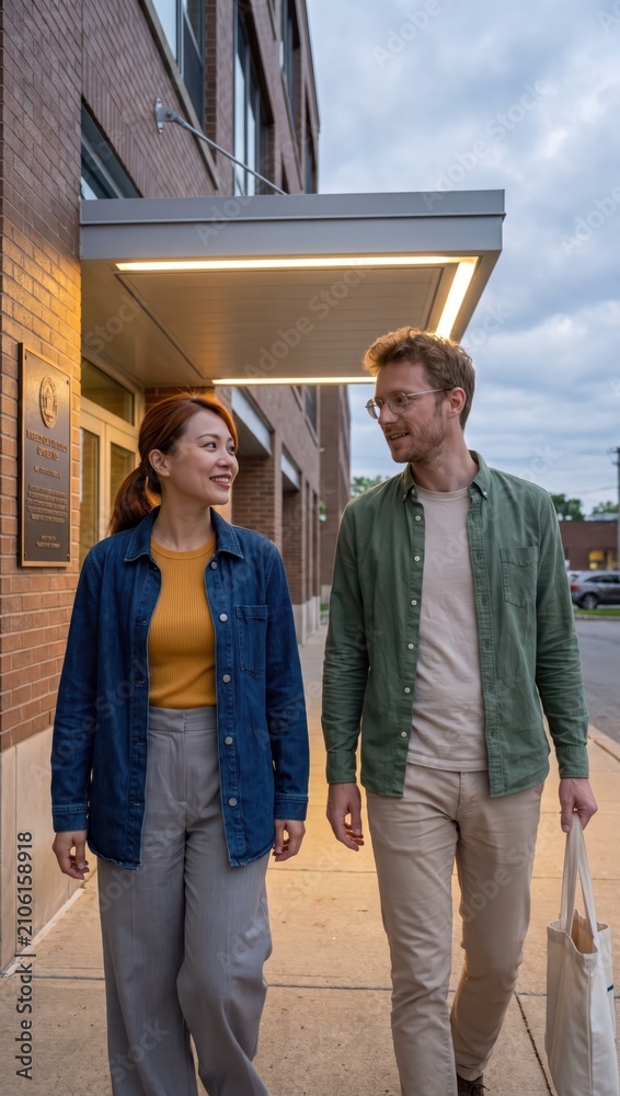 Obraz premium Generative AI, Couple walking and talking on city sidewalk in evening