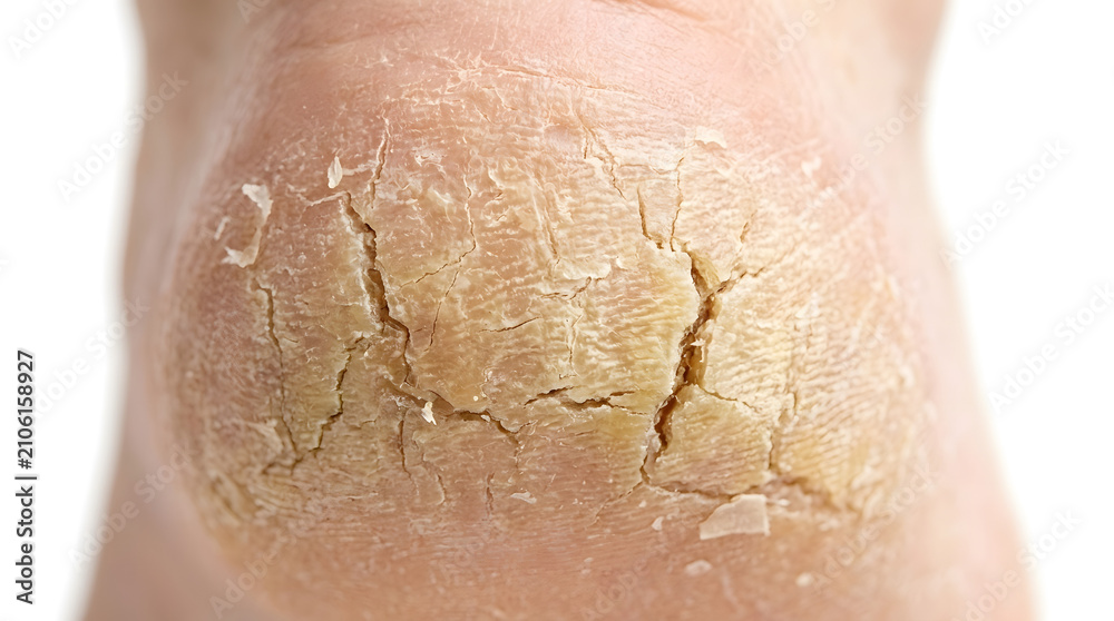 Fototapeta premium Closeup of a persons dry cracked heel showing severe skin dehydration and fissures.