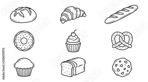 Bakery Icon Set – Bread, Croissant, Muffin and Cookie Line Icons
Bakery icon set featuring bread, croissant, donut, muffin, pretzel and cookie line icons. Perfect for bakery shop, pastry, cafe and bak