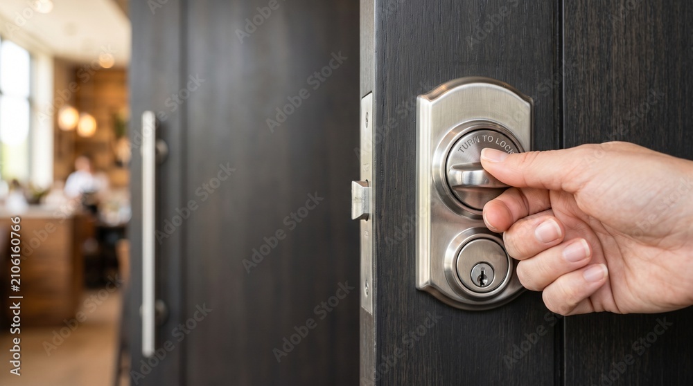 Naklejka premium Hand turning deadbolt lock on wooden restaurant door
