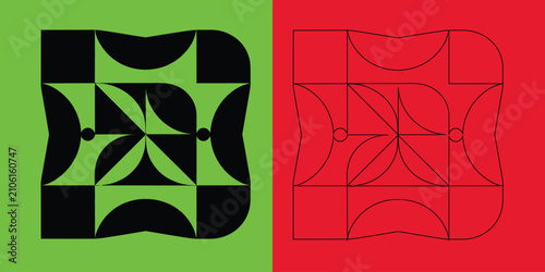Geometric abstract pattern with symmetrical shapes in black on green and red backgrounds