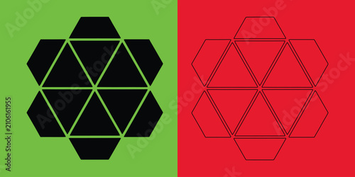 Geometric hexagon pattern composed of six triangles in solid black and outline style on green and red backgrounds
