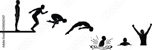 Fotografie Swimming pool platform diving sequence showing athlete jumping flipping splashin