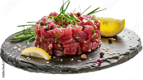 Raw beef steak tartare with lemon and herbs on slate board isolated