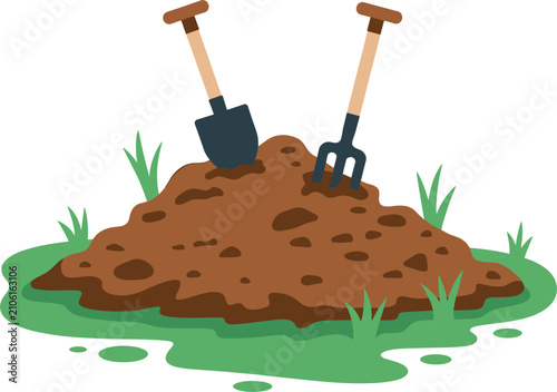 Gardening soil pile illustration, shovel and rake tools for planting, farming and landscaping design 