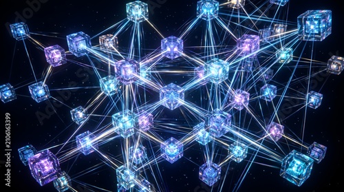 Futuristic Neon Network of Interconnected Cubes Glowing in Space