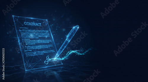 Glowing blue digital contract with electronic signature and pen on dark background