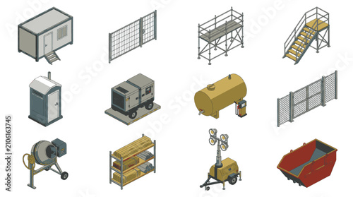 Tableau sur toile Set of isometric construction site equipment and temporary infrastructure elements for building projects