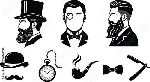 Obraz na płótnie Gentleman and Barbershop Silhouette Set with Top Hat Monocle Pipe and Mustache I