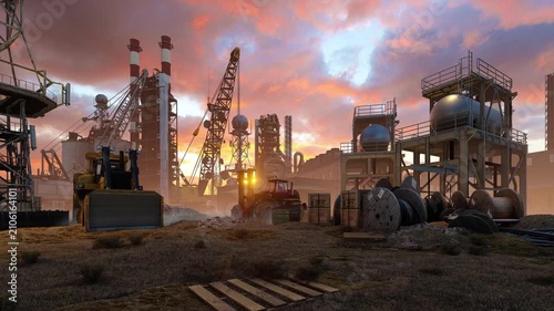 A production site with machinery and equipment. Animation on the theme of manufacturing and industry.