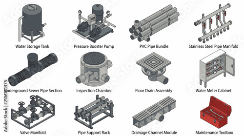 Foto Set of isometric plumbing and water supply system components and industrial equipment icons