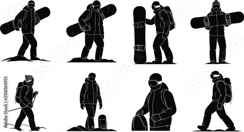 Foto Winter snowboard adventure silhouette collection featuring alpine explorers, out