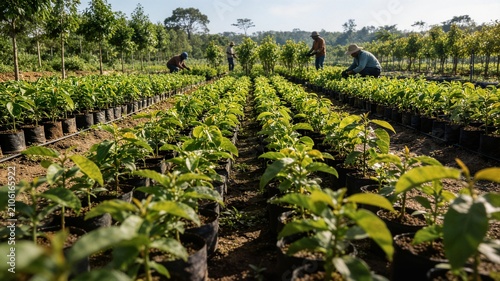 Agricultural nursery workers tending to young plants in field ideal for farming business sustainability marketing and environmental presentation