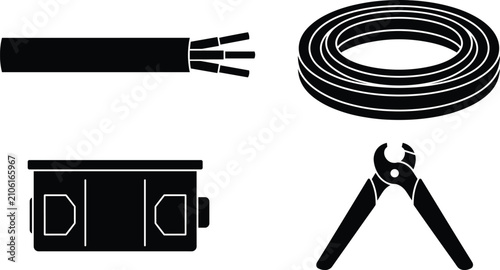 Obraz na płótnie Electrical Wiring Installation Silhouette Icons Set with Cable Cutter Plier and