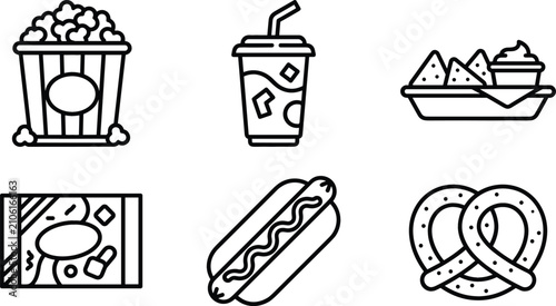 Fotografie Cinema Concession Stand Snack Icon Set Featuring Popcorn Bucket, Soda Cup, Nacho