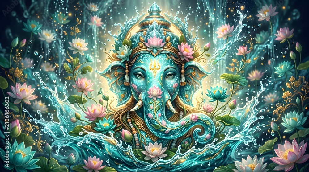 Obraz premium Lord Ganesha Deity with Lotus Flowers and Water Splashes