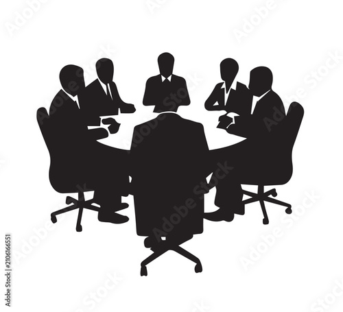 Conceptual illustration of a dynamic business meeting, highlighting teamwork, strategic discussion, and collaborative decision-making among professionals in a corporate setting