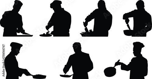 Canvas Print Chef silhouettes cooking in kitchen performing culinary tasks chopping stirring
