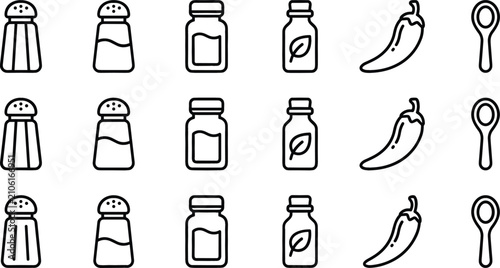 Foto Kitchen Spice and Seasoning Shaker Icon Set Featuring Salt Cellars, Condiment Ja