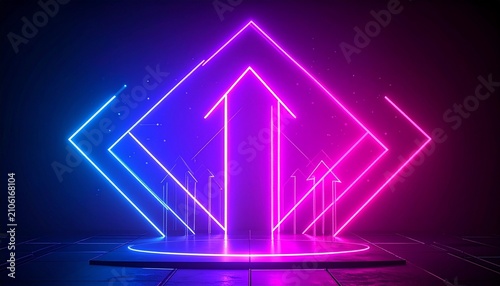 Futuristic neon arrow with glowing geometric shapes