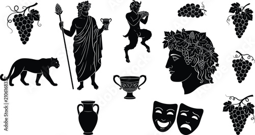 Konstfotografi Greek Mythology Dionysus God Icons Set with Grapes Satyr and Theater Mask Silhou
