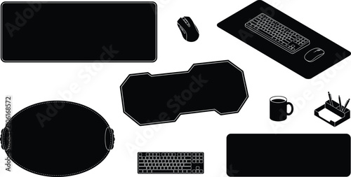 Desk Pad and Computer Mouse Keyboard Silhouette Icons Set for Workplace Office Setup