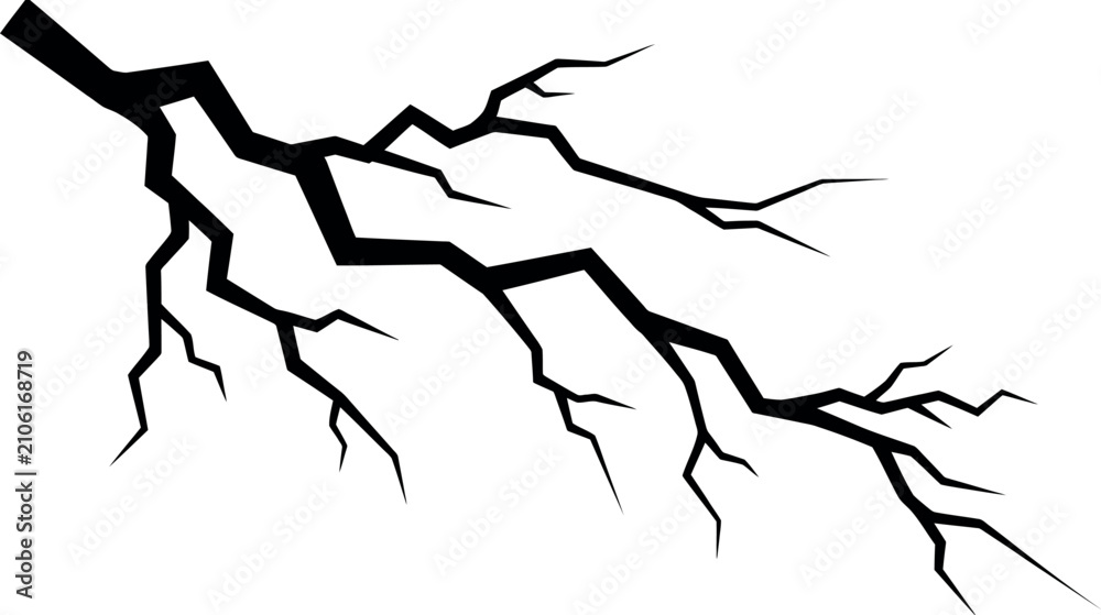 Obraz premium Black silhouette crack or lightning bolt on white background, abstract vector graphic element