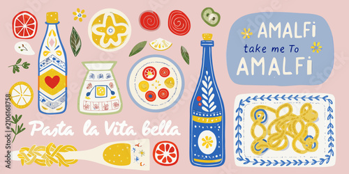 Foto illustration of italian food ingredients and bottles on pink background pizza pa