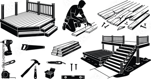 Wooden Deck Construction Carpentry Carpentry Carpentry Hand Tools and Carpenter Silhouette Vector Icon Set