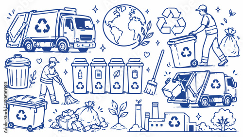 Hand drawn recycling icons and waste management set, blue doodle garbage truck and trash bins, eco friendly sustainability vector elements isolated PNG with Transparent Background