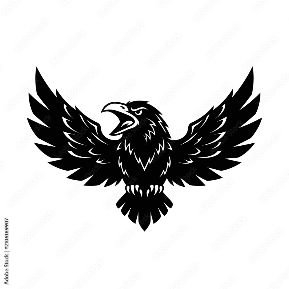 Fototapeta premium Aggressive Black Eagle Silhouette with Open Wings and Beak on White Background