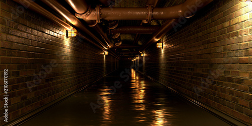 Dimly lit industrial corridor with exposed pipes overhead and brick walls, reflecting light on the wet floor