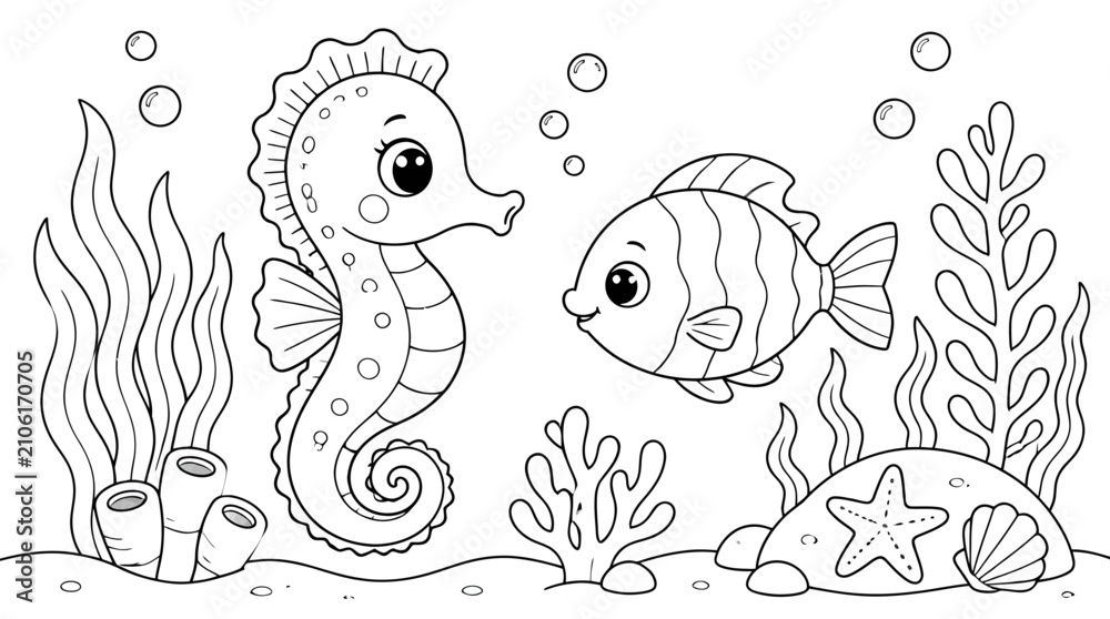 Fototapeta premium Seahorse and Fish in Underwater Scene with Coral and Starfish