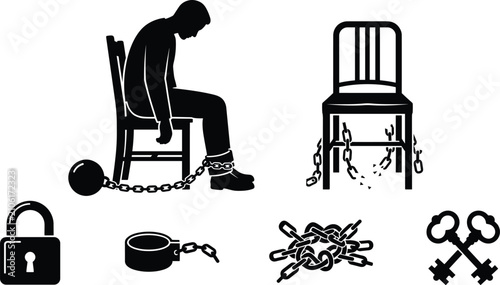 Bild auf Leinwand Man Chained to Chair with Lock and Key Slavery Captivity Silhouette Vector Set