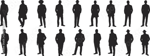 Foto Formal male silhouettes set, black suit and coat icons, fashion poses, vintage a