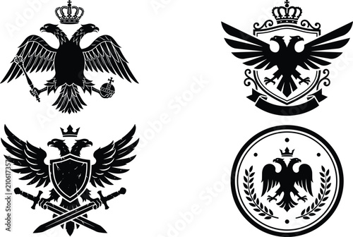 Double Headed Eagle Crest and Shield Silhouette Set for Heraldic Emblem Logo Designs