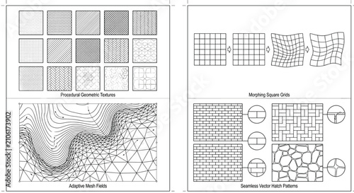 Procedural geometric textures and adaptive mesh fields, morphing square grids with seamless vector hatch patterns, technical architectural line art