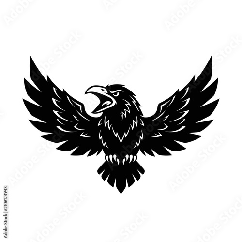 Aggressive Black Eagle Silhouette with Open Wings and Beak on White Background