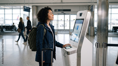 Young woman traveler interacting with a modern self-service check-in kiosk at a busy airport terminal, streamlining her journey