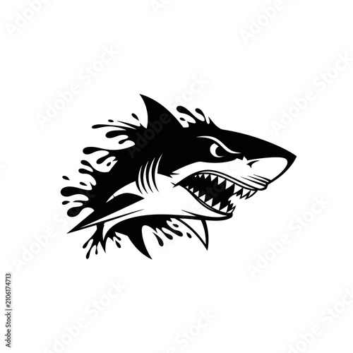 Aggressive Shark Head with Water Splashes - Black and White Illustration